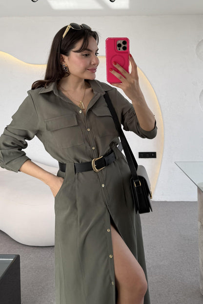 Lemmer Haki Tensel Kemerli Elbise