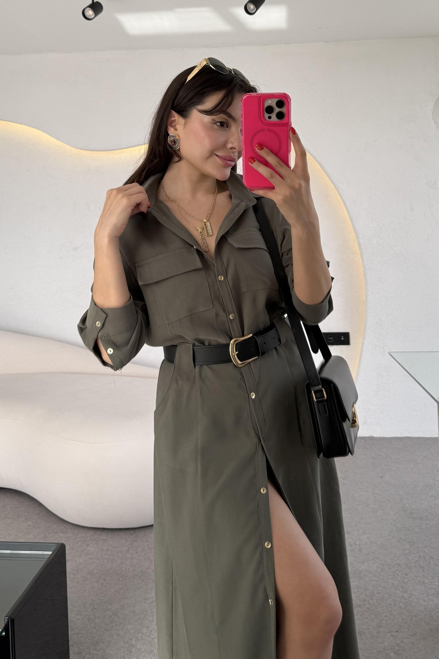 Lemmer Haki Tensel Kemerli Elbise