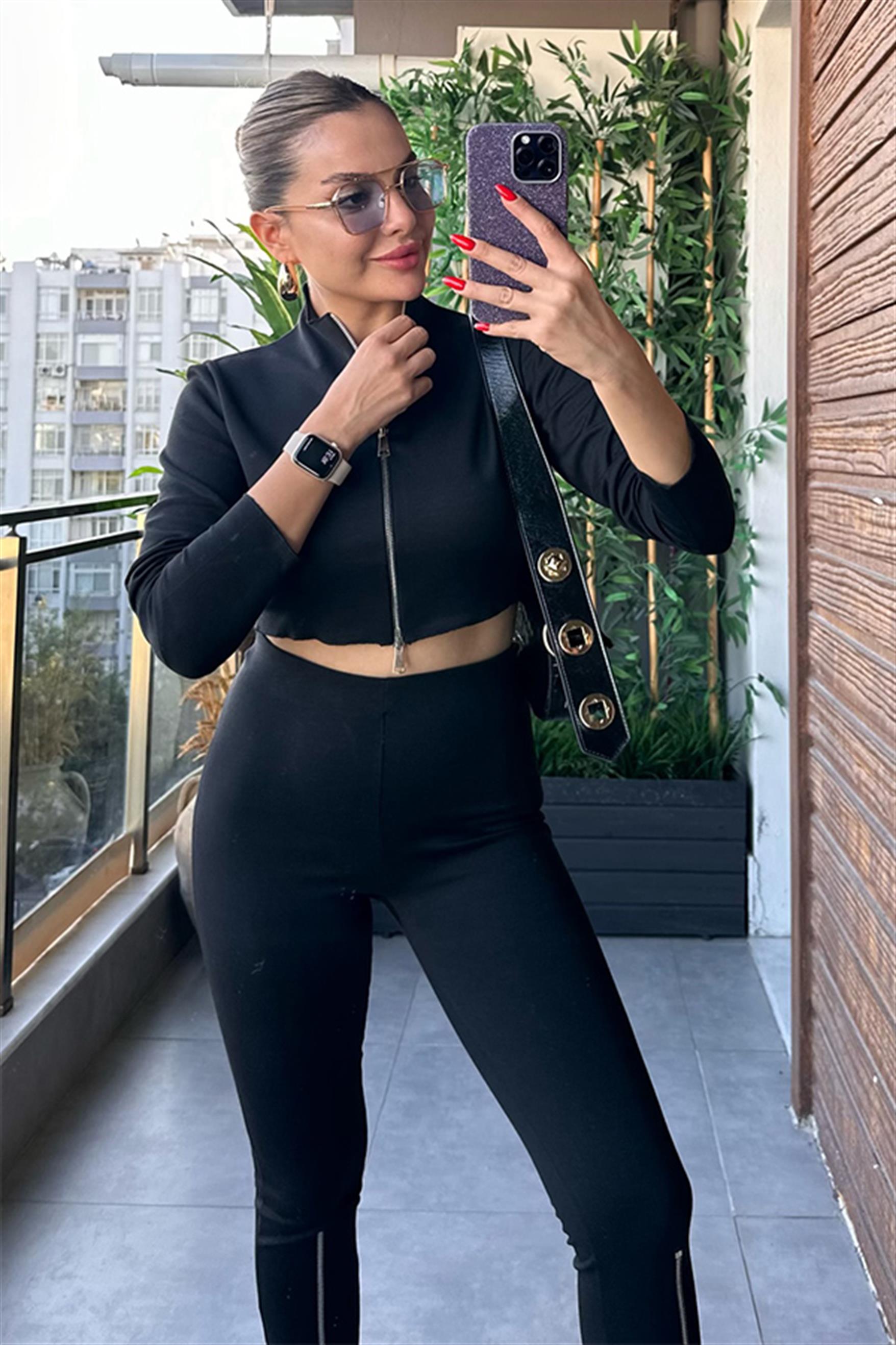 Lena Fermuarlı Streç Triko Bluz ve Tayt Takım