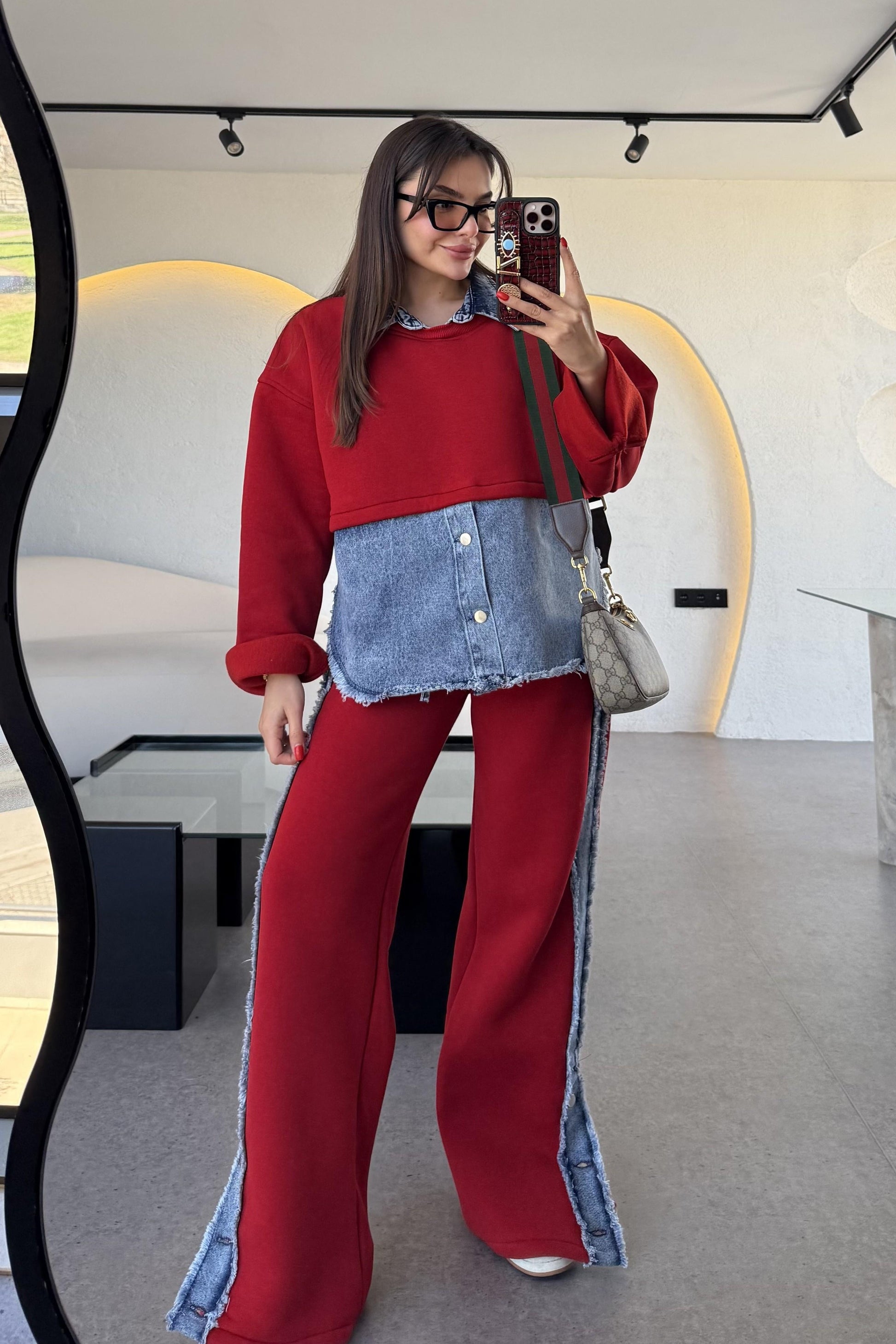 Leny Kırmızı Tasarım Şardonlu Takım