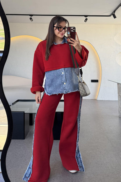 Leny Kırmızı Tasarım Şardonlu Takım