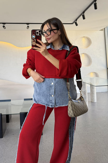 Leny Kırmızı Tasarım Şardonlu Takım