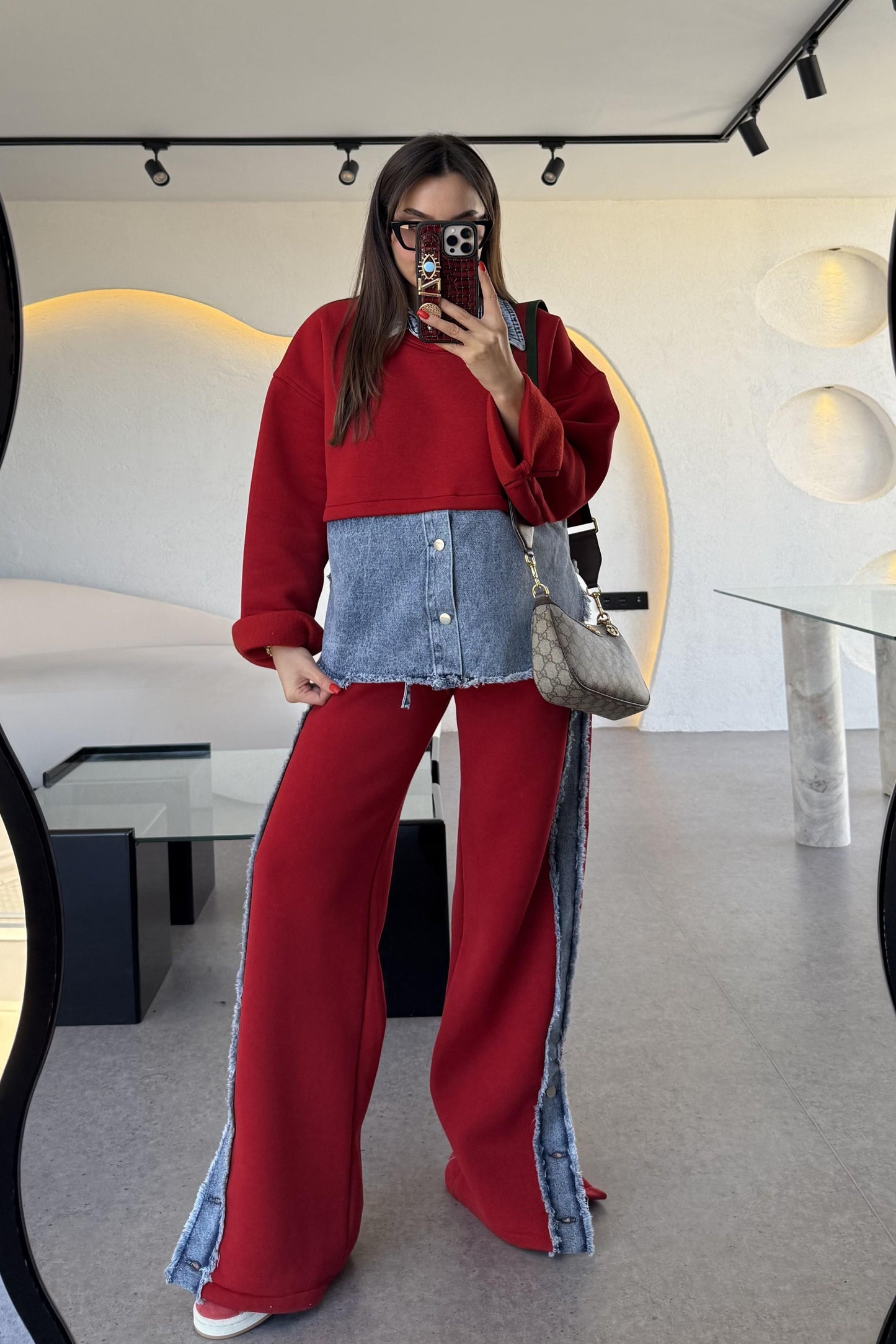 Leny Kırmızı Tasarım Şardonlu Takım