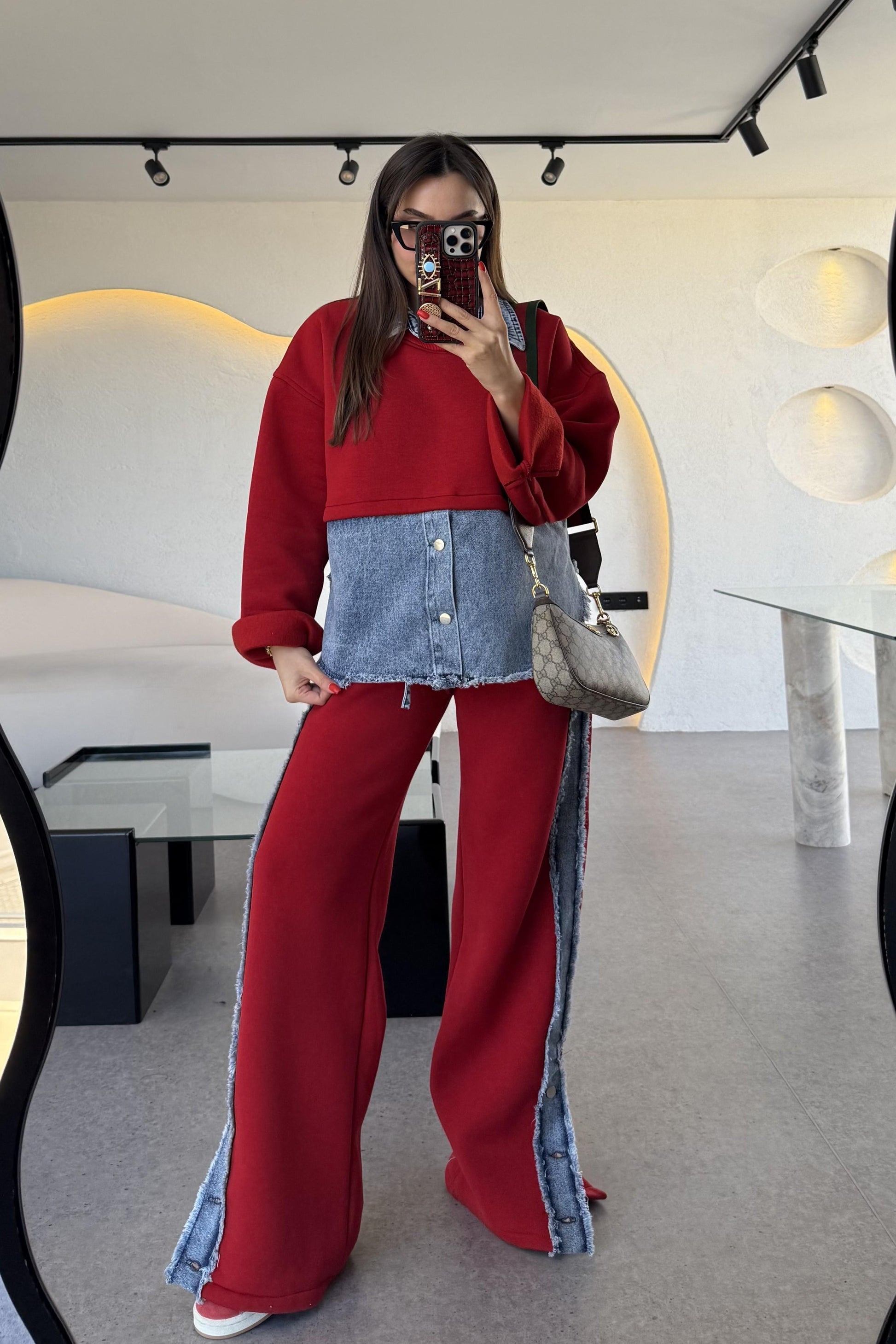 Leny Kırmızı Tasarım Şardonlu Takım