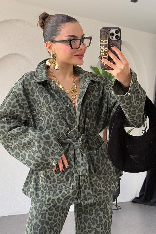 Leona Haki Leopar Kemerli Ceket