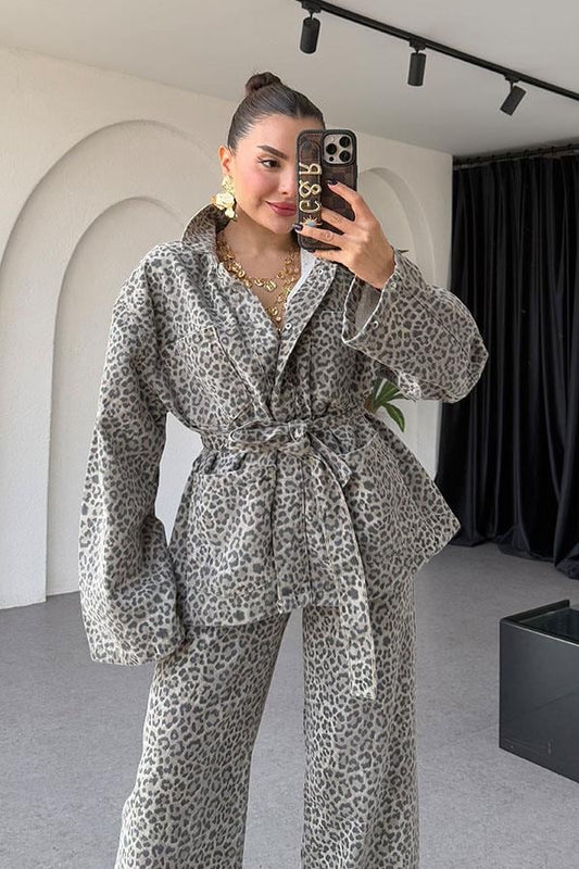 Leona Krem Leopar Kemerli Ceket