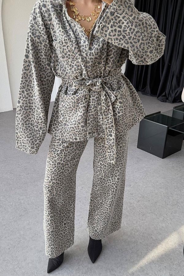 Leona Krem Leopar Kemerli Ceket