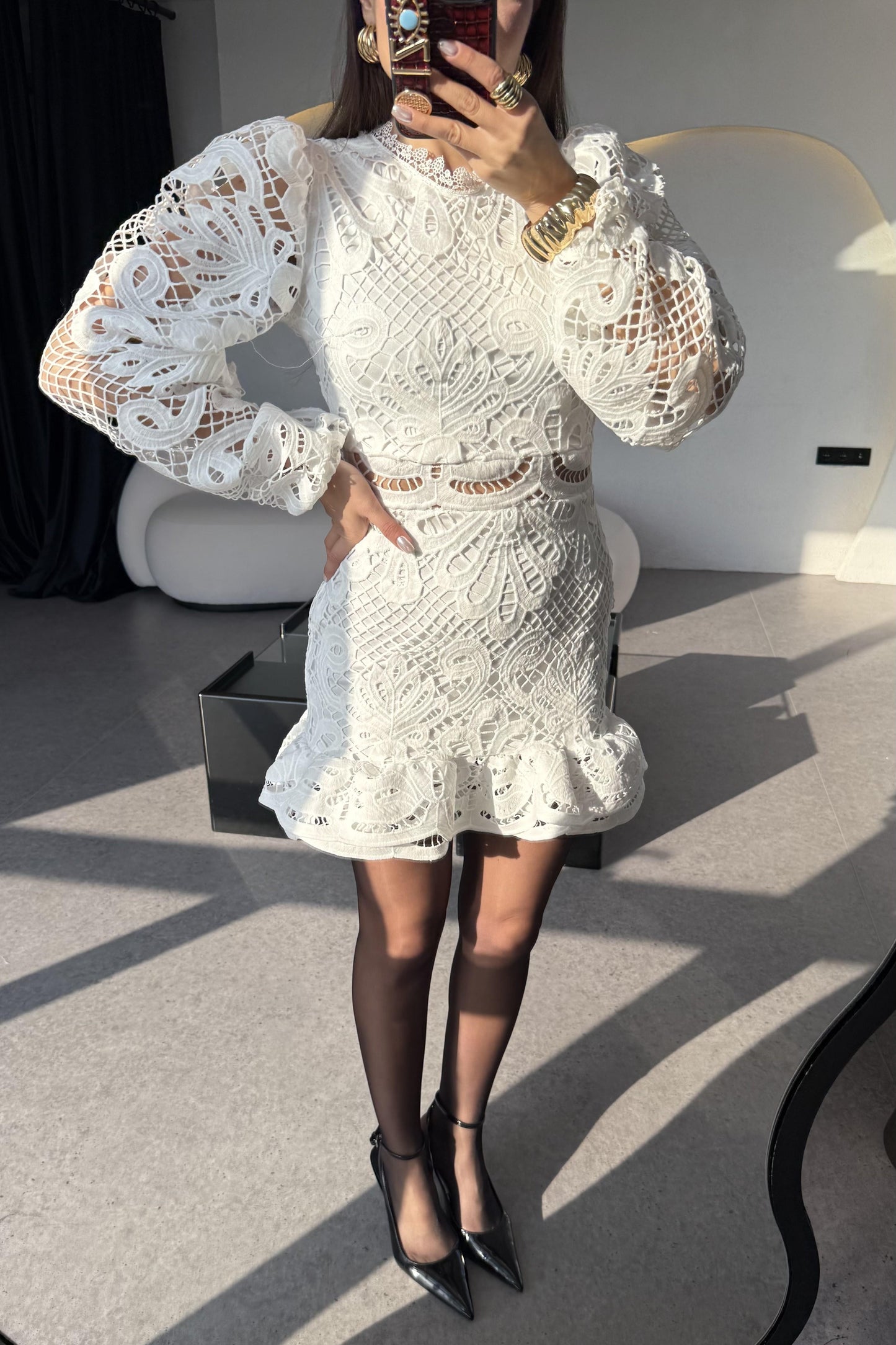 Leonardo Beyaz Tasarım Dantel Elbise