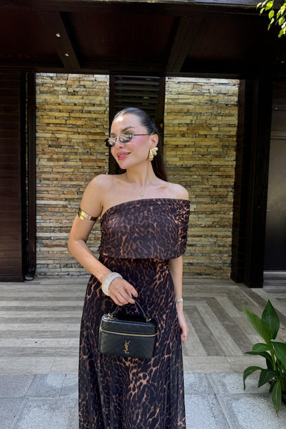 Leonora Leopar Desen Astarlı Tül Elbise