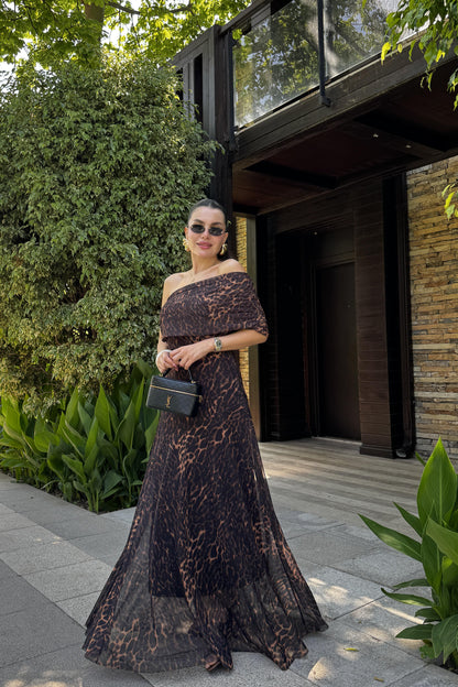 Leonora Leopar Desen Astarlı Tül Elbise