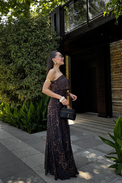 Leonora Leopar Desen Astarlı Tül Elbise