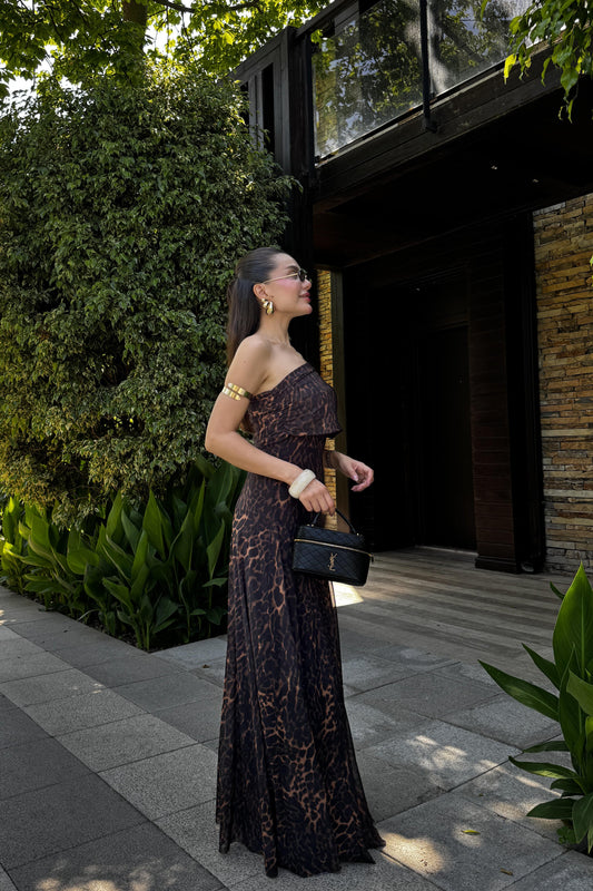 Leonora Leopar Desen Astarlı Tül Elbise