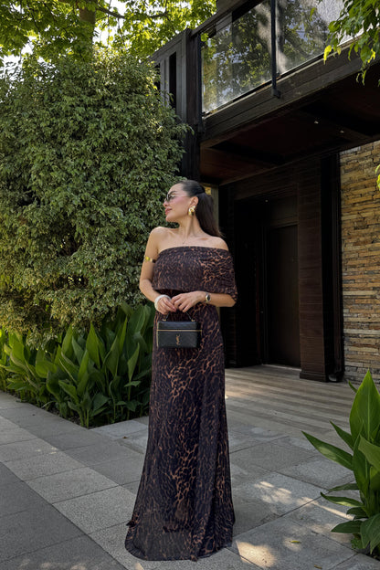 Leonora Leopar Desen Astarlı Tül Elbise