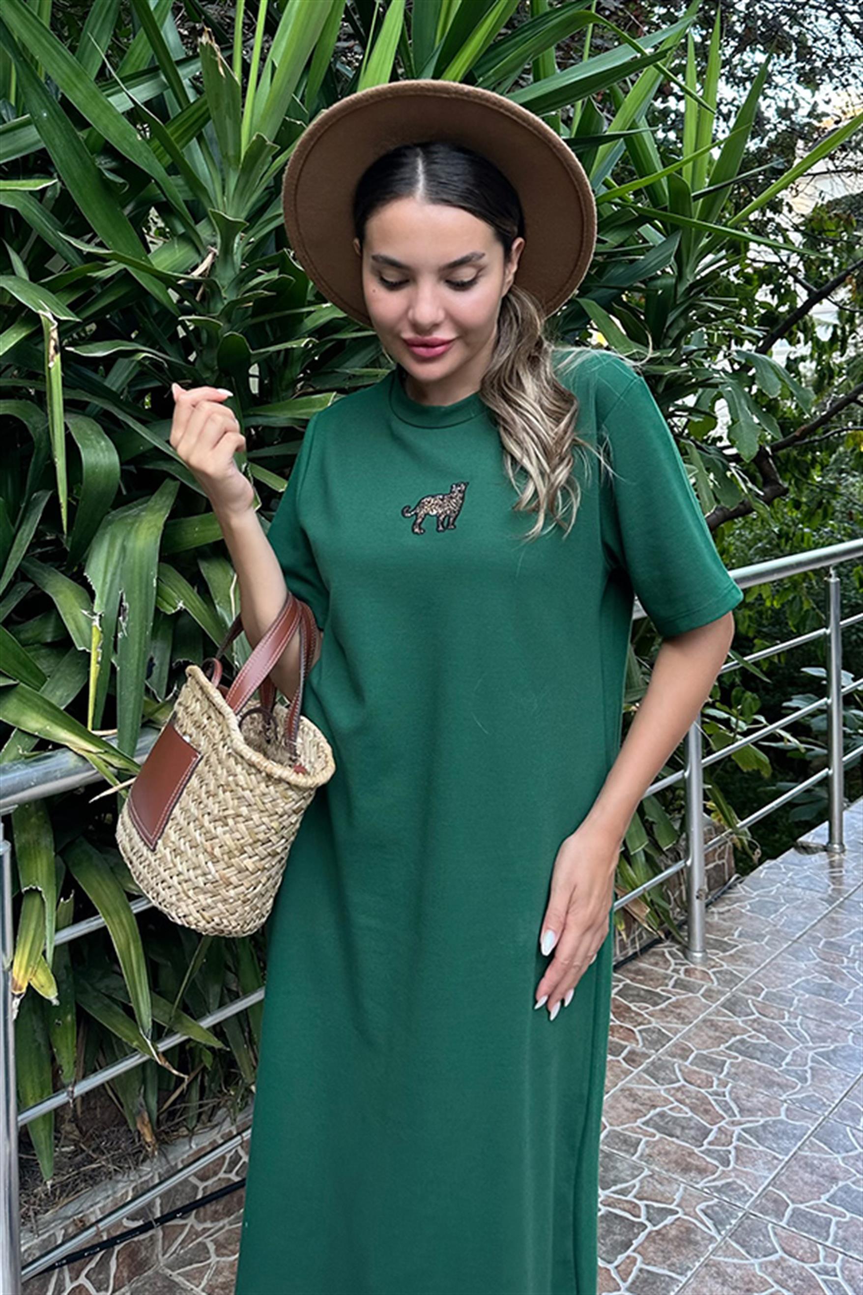 Leopar baskılı yeşil uzun elbise