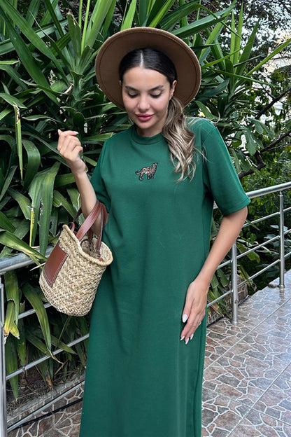 Leopar baskılı yeşil uzun elbise