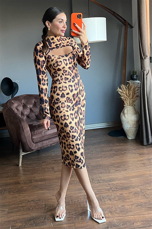 Leopar dekolteli kalem elbise