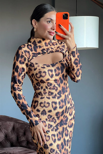 Leopar dekolteli kalem elbise