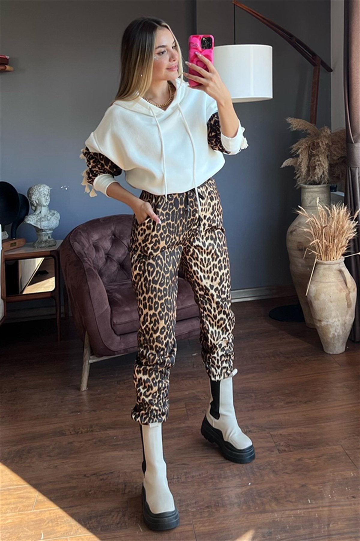 Leopar desenli ikili eşofman takım