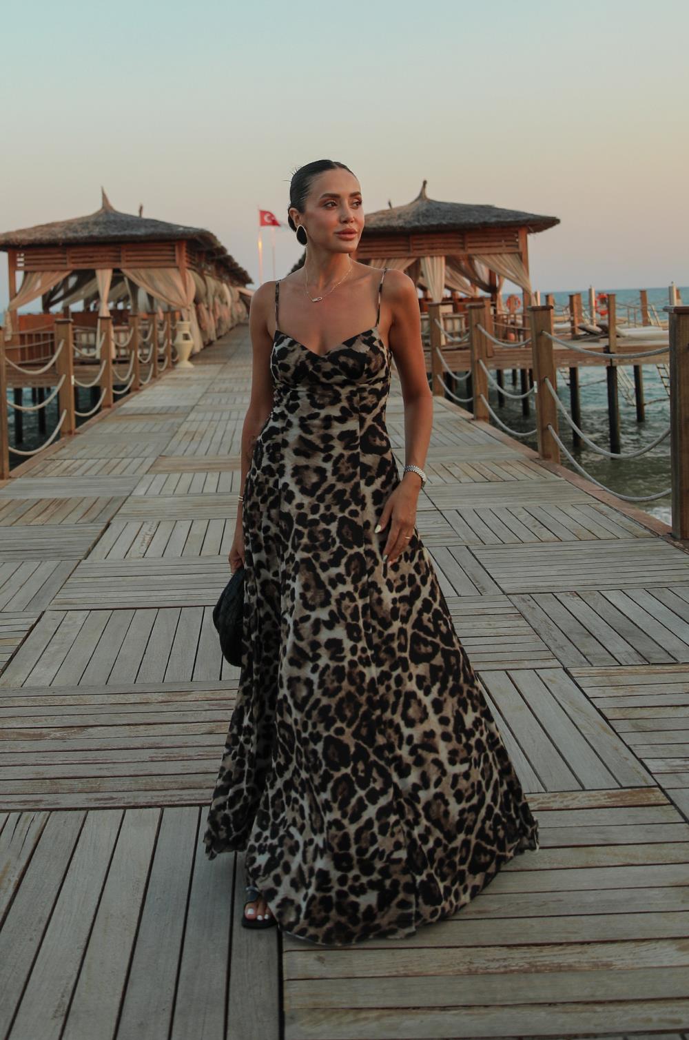 LEOPAR DESENLI MAXI SLIP ELBISE