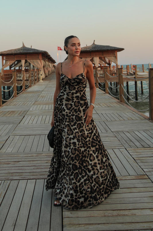LEOPAR DESENLI MAXI SLIP ELBISE