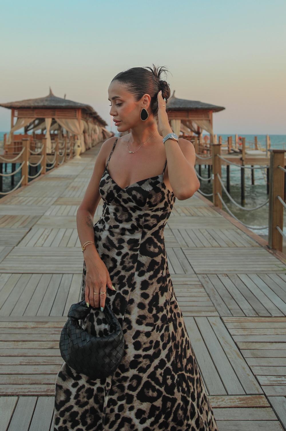 LEOPAR DESENLI MAXI SLIP ELBISE