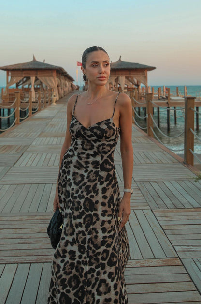 LEOPAR DESENLI MAXI SLIP ELBISE