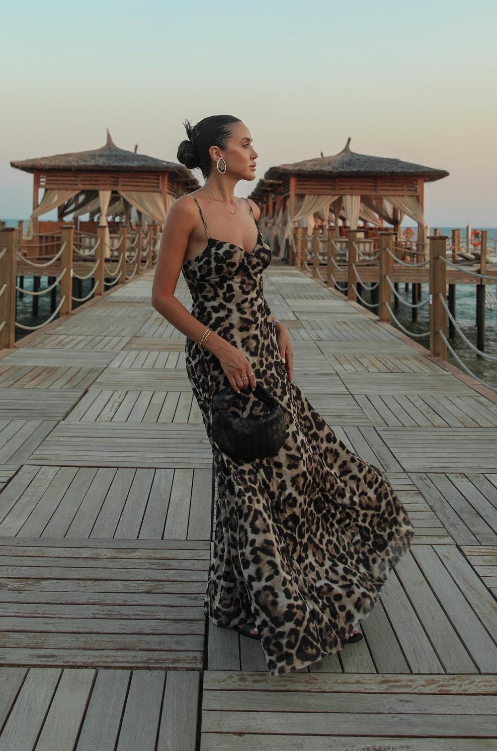 LEOPAR DESENLI MAXI SLIP ELBISE