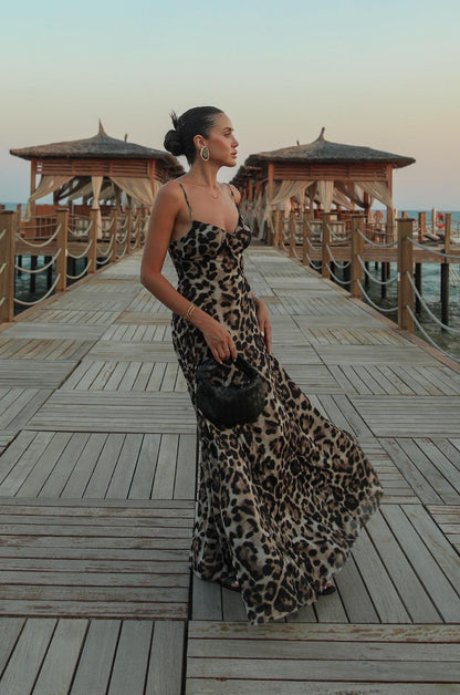 LEOPAR DESENLI MAXI SLIP ELBISE