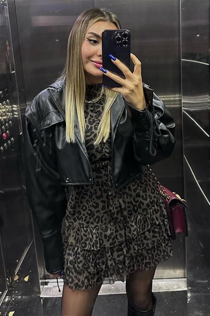 Leopar desenli şifon pileli elbise