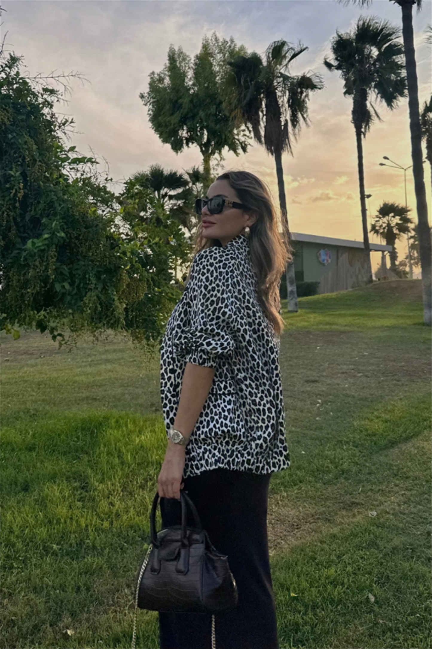 Leopar saten biker ceket