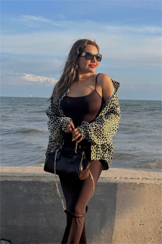 Leopar saten biker ceket