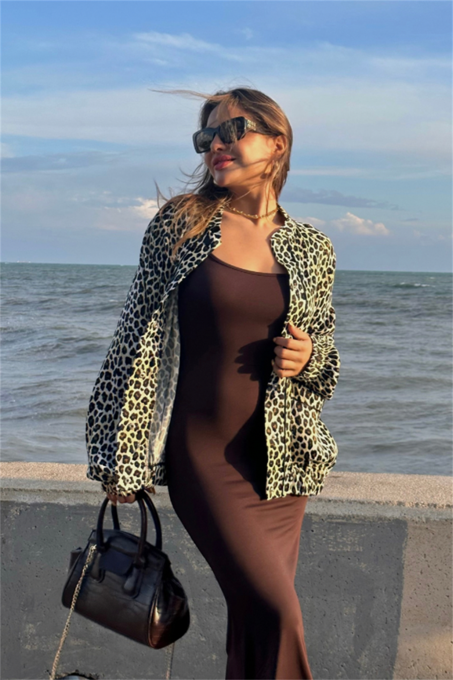 Leopar saten biker ceket