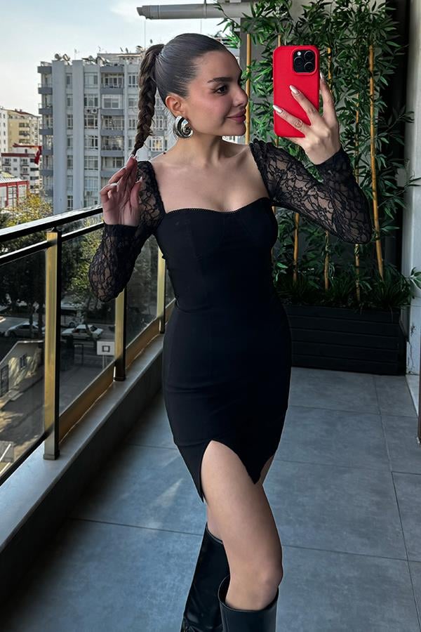 Lerusha Kolları Dantelli Mini Elbise
