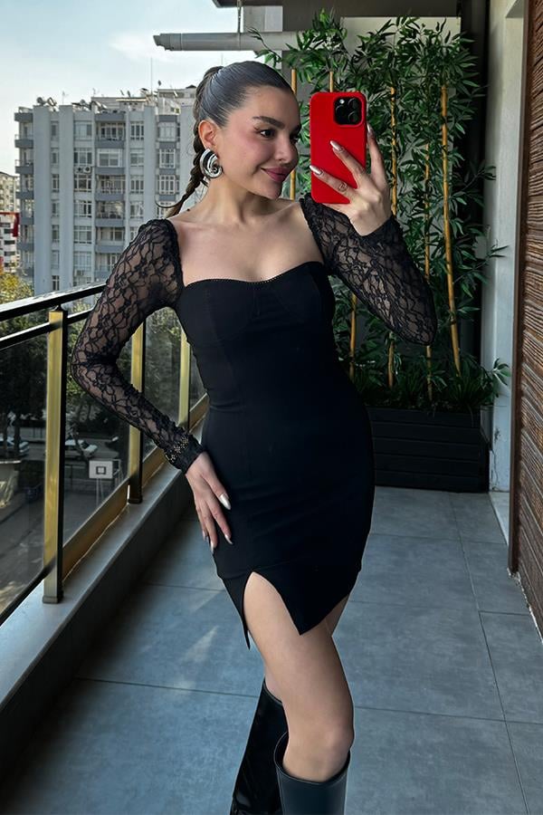 Lerusha Kolları Dantelli Mini Elbise