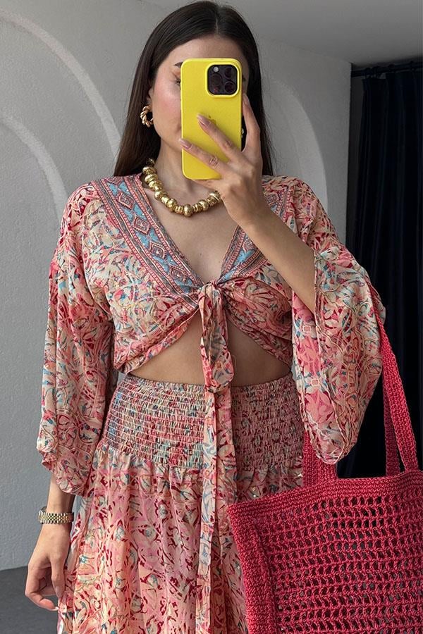 Lestari Etnik Desenli Pantolonlu Takım - Kırmızı