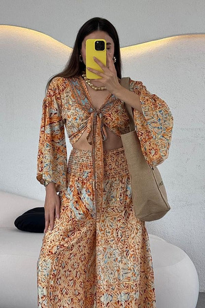 Lestari Etnik Desenli Pantolonlu Takım - Turuncu