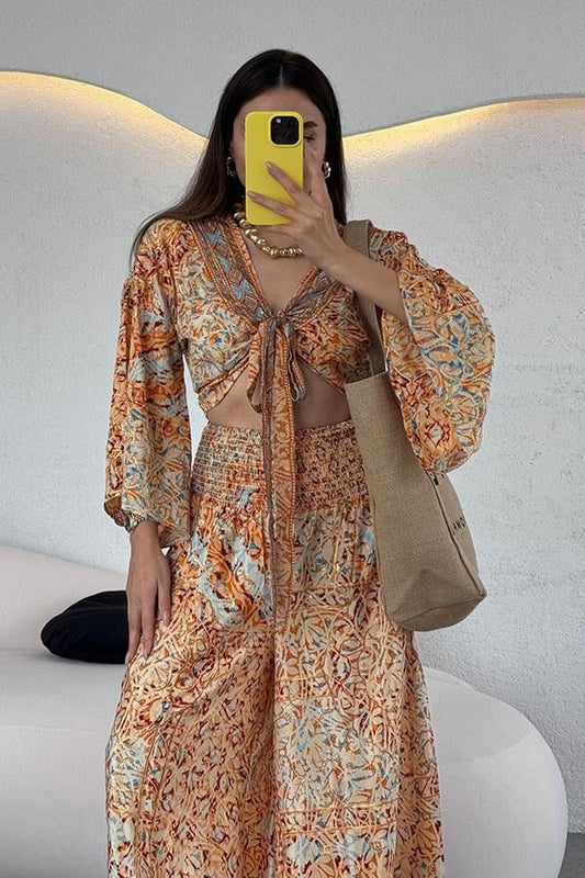 Lestari Etnik Desenli Pantolonlu Takım - Turuncu