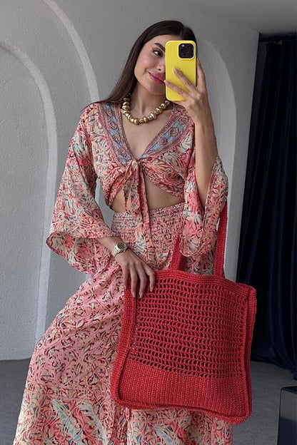 Lestari Etnik Desenli Pantolonlu Takım - Kırmızı