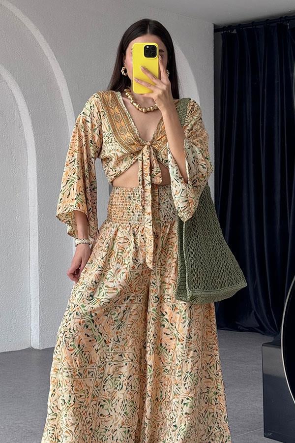 Lestari Etnik Desenli Pantolonlu Takım - Sarı