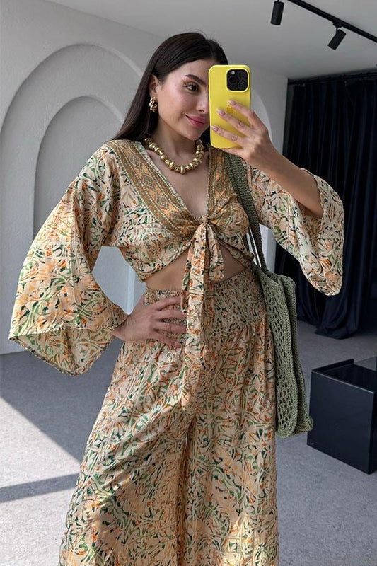 Lestari Etnik Desenli Pantolonlu Takım - Sarı