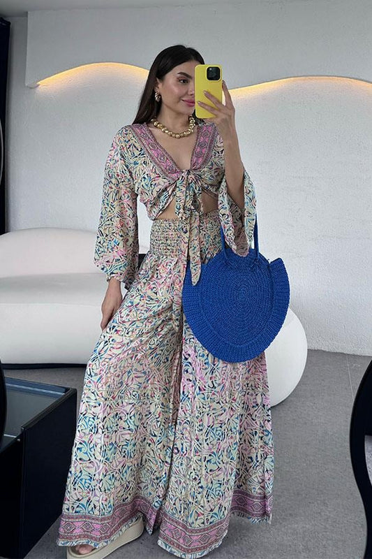 Lestari Etnik Desenli Pantolonlu Takım - Krem