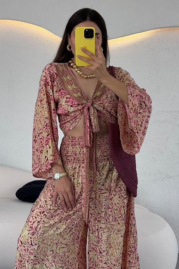 Lestari Etnik Desenli Pantolonlu Takım - Pembe