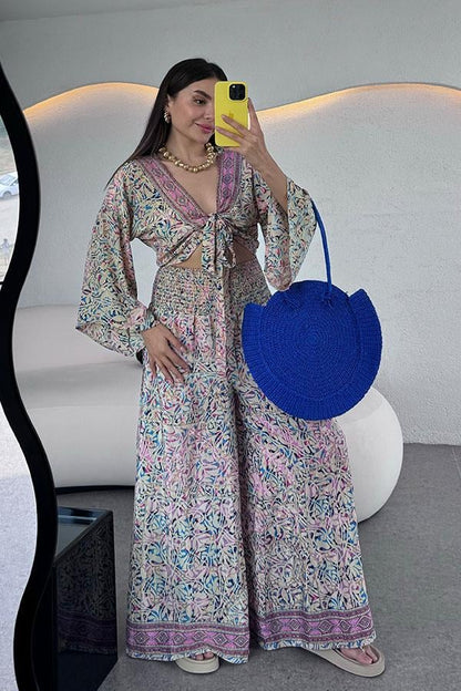 Lestari Etnik Desenli Pantolonlu Takım - Krem