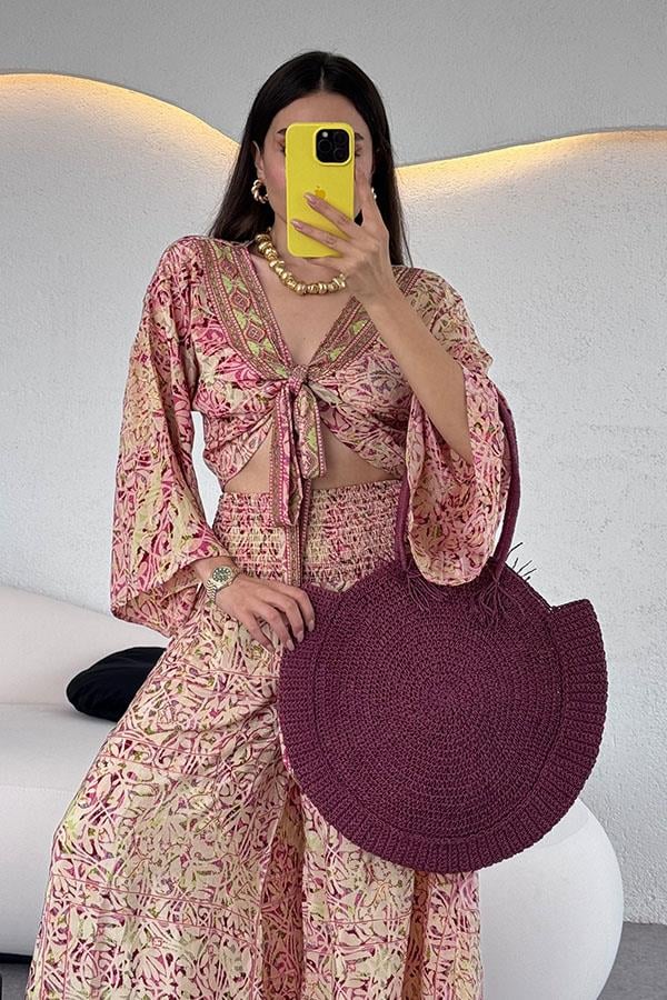 Lestari Etnik Desenli Pantolonlu Takım - Pembe