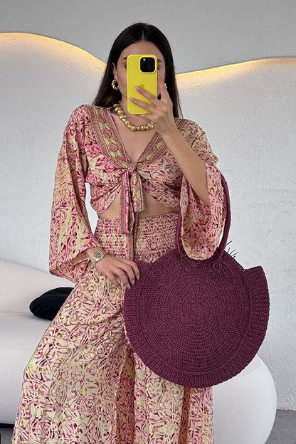 Lestari Etnik Desenli Pantolonlu Takım - Pembe