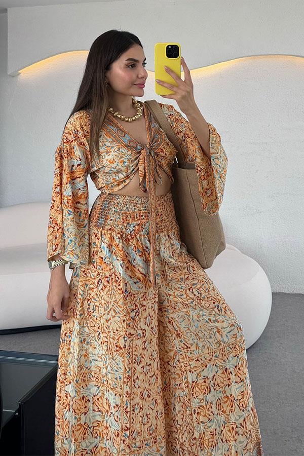 Lestari Etnik Desenli Pantolonlu Takım - Turuncu