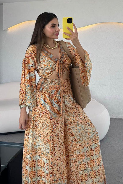 Lestari Etnik Desenli Pantolonlu Takım - Turuncu