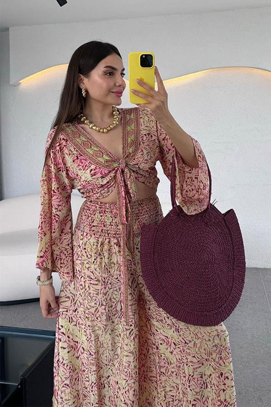 Lestari Etnik Desenli Pantolonlu Takım - Pembe