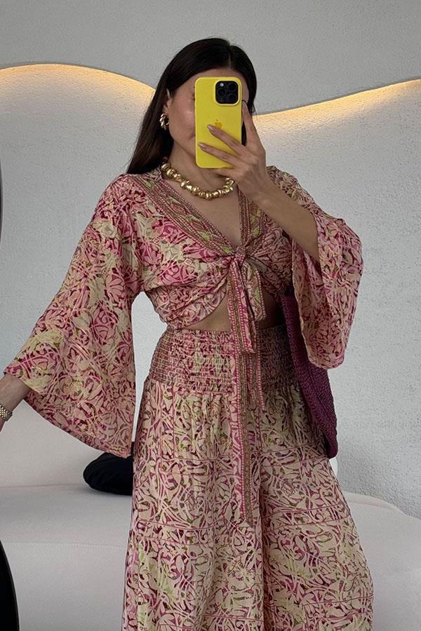 Lestari Etnik Desenli Pantolonlu Takım - Pembe