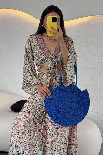 Lestari Etnik Desenli Pantolonlu Takım - Krem